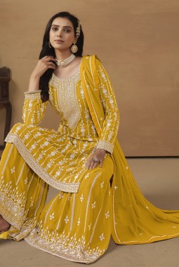 Mustard Faux Georgette Embroidered Designer Salwar Kameez