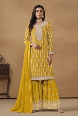 Mustard Faux Georgette Embroidered Designer Salwar Kameez