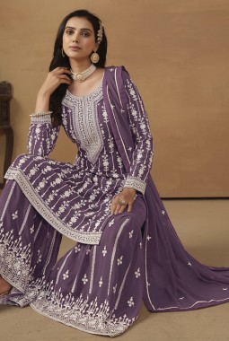 Lavender Faux Georgette Sequins Embroidered Designer Salwar Kameez