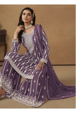 Lavender Faux Georgette Sequins Embroidered Designer Salwar Kameez