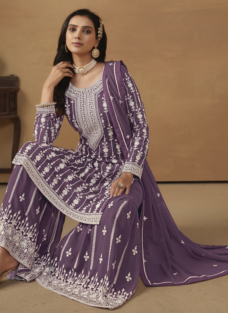 Lavender Faux Georgette Sequins Embroidered Designer Salwar Kameez