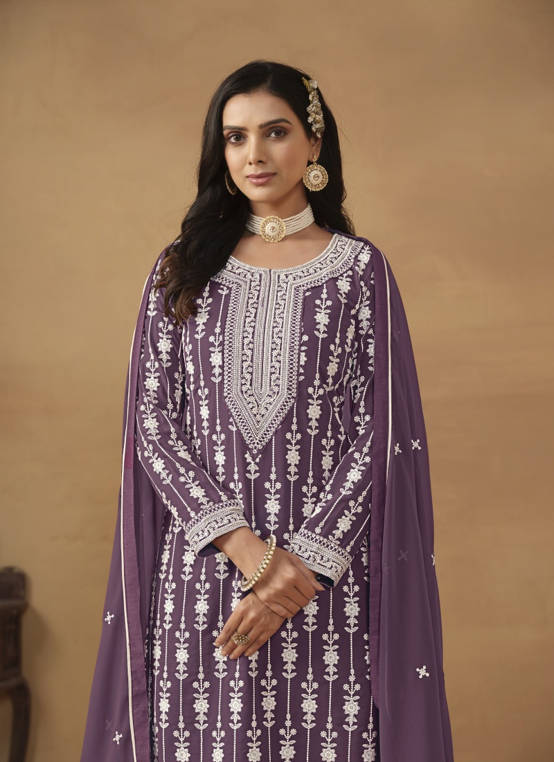 Lavender Faux Georgette Sequins Embroidered Designer Salwar Kameez