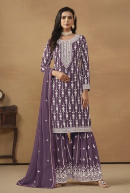 Lavender Faux Georgette Sequins Embroidered Designer Salwar Kameez