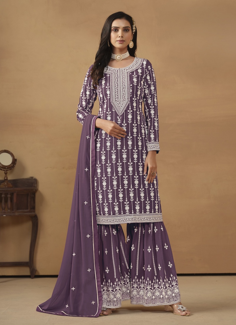 Lavender Faux Georgette Sequins Embroidered Designer Salwar Kameez