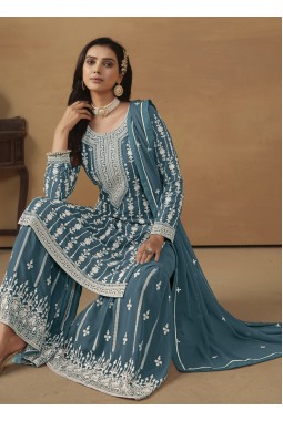 Blue Faux Georgette Embroidered Designer Salwar Kameez