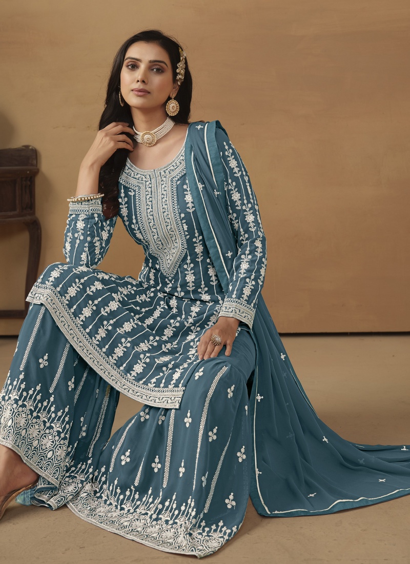 Blue Faux Georgette Embroidered Designer Salwar Kameez