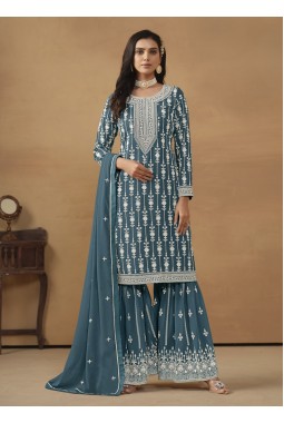 Blue Faux Georgette Embroidered Designer Salwar Kameez