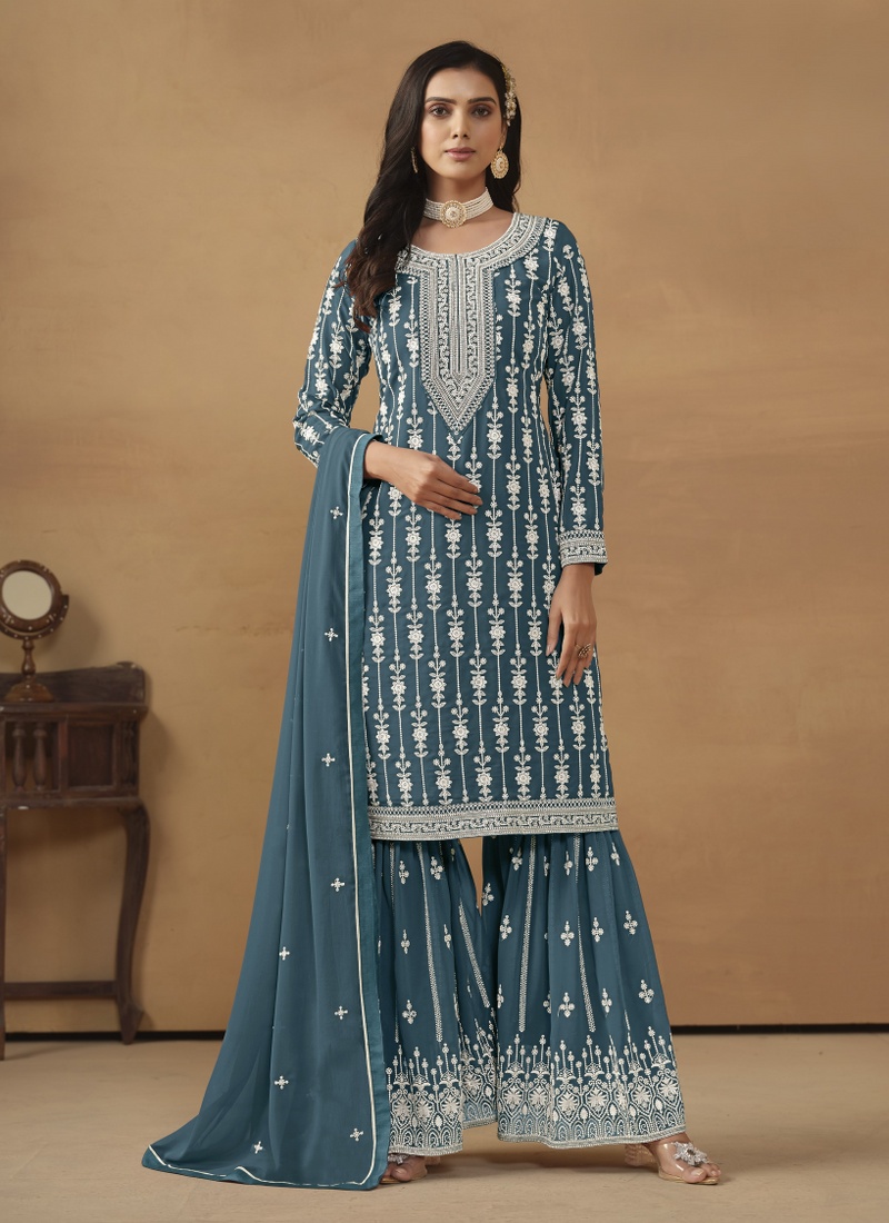 Blue Faux Georgette Embroidered Designer Salwar Kameez