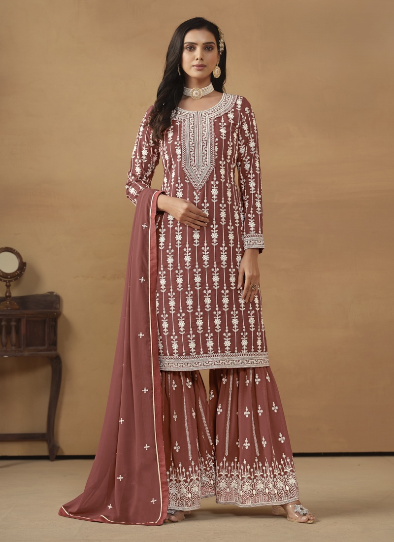 Brown Faux Georgette Sequins Designer Salwar Kameez