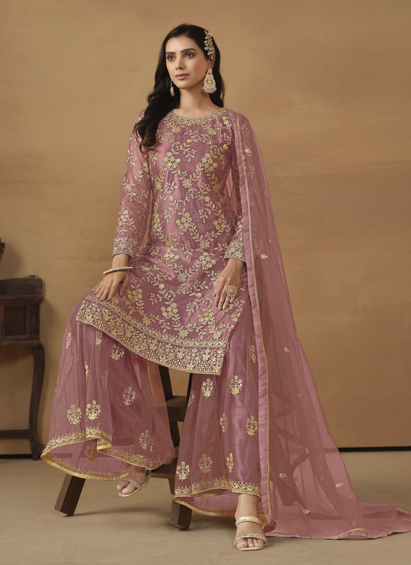 Pink Net Sequins Designer Wedding Salwar Kameez