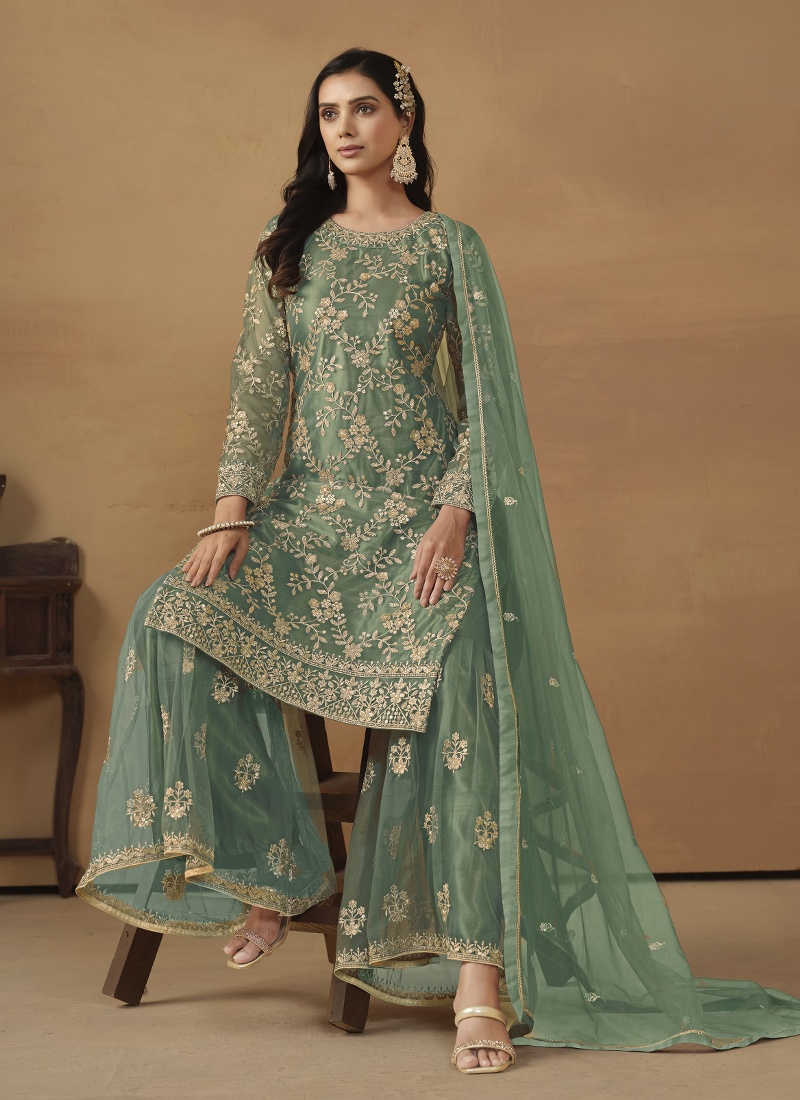 Sea Green Net Embroidered Designer Wedding Salwar Kameez