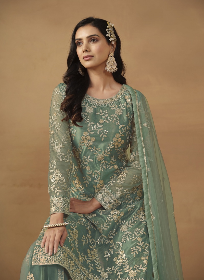 Sea Green Net Embroidered Designer Wedding Salwar Kameez