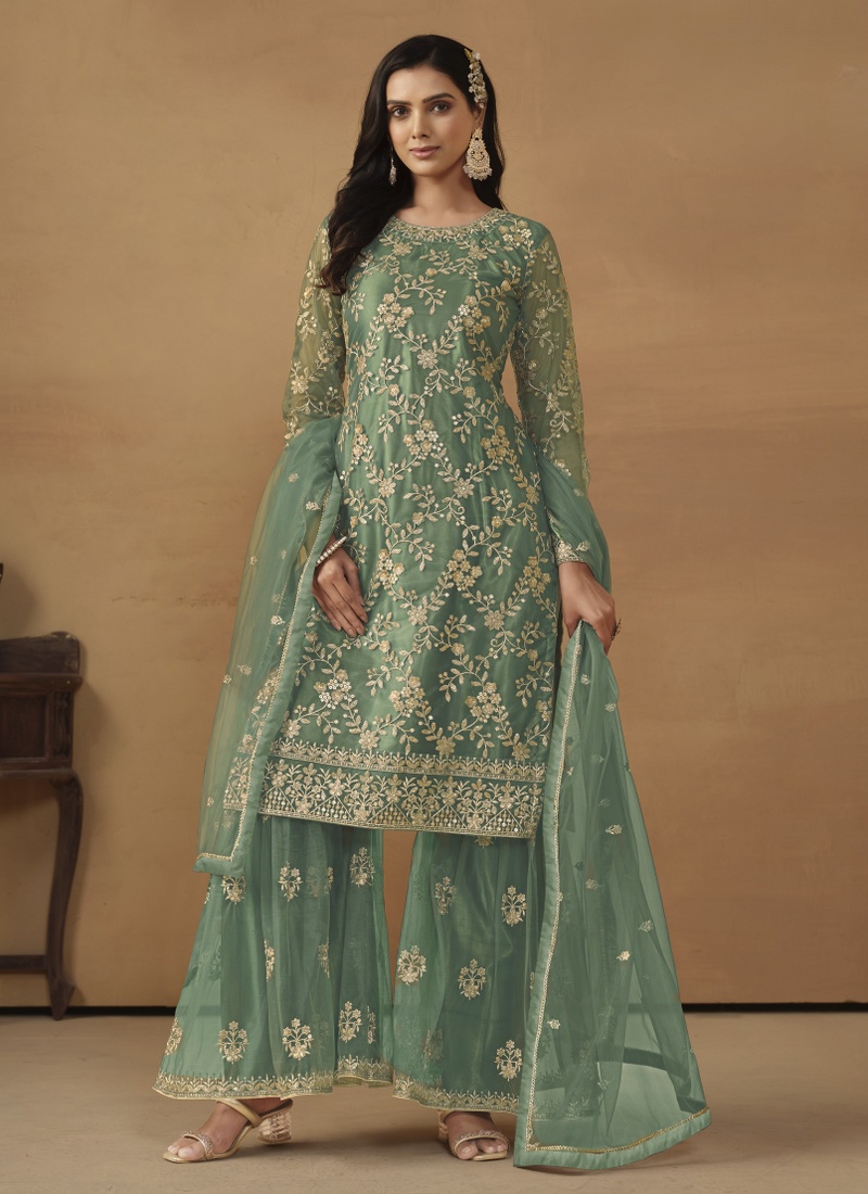 Sea Green Net Embroidered Designer Wedding Salwar Kameez