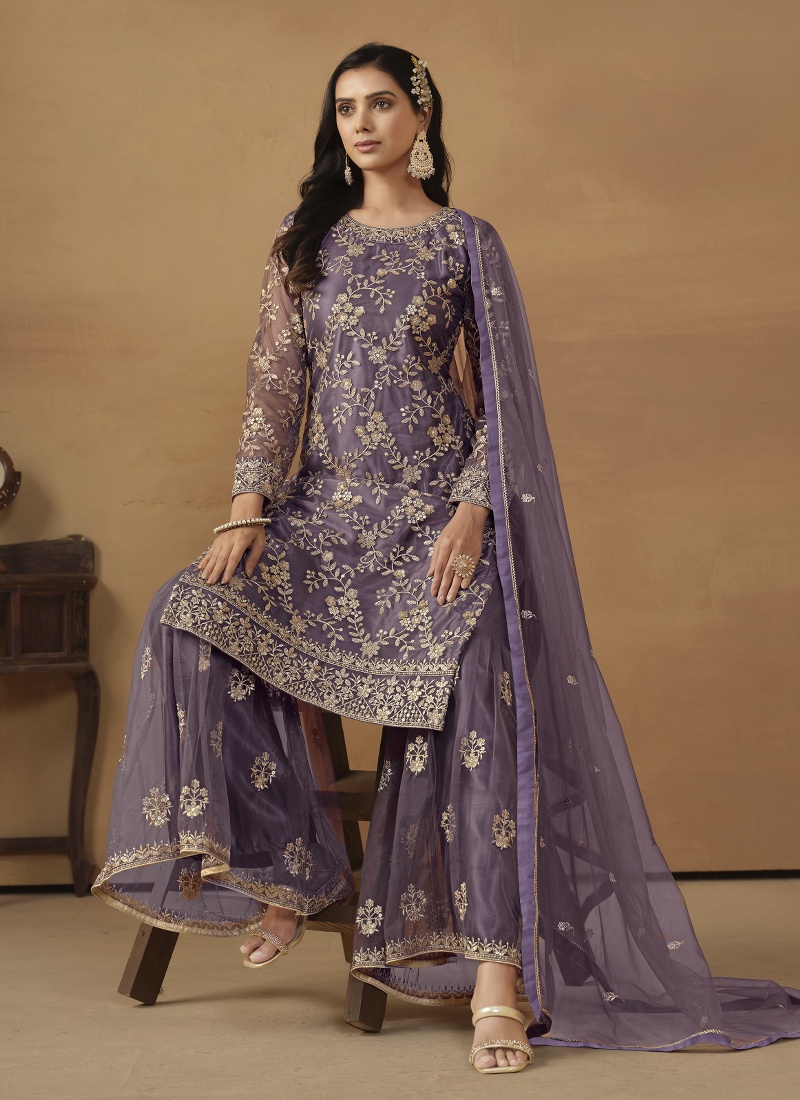 Purple Net Sequins Designer Wedding Salwar Kameez