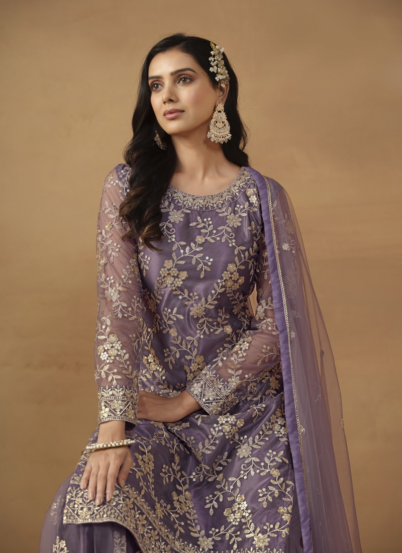 Purple Net Sequins Designer Wedding Salwar Kameez