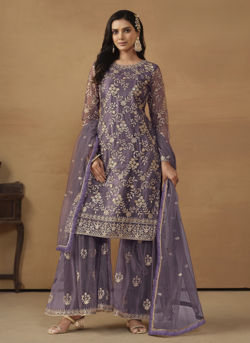 Purple Net Sequins Designer Wedding Salwar Kameez