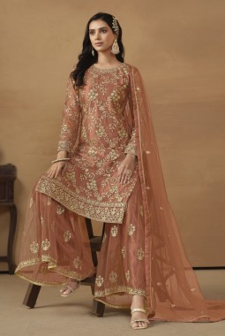 Orange Net Sequins Embroidered Designer Wedding Salwar Kameez