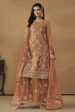 Orange Net Sequins Embroidered Designer Wedding Salwar Kameez
