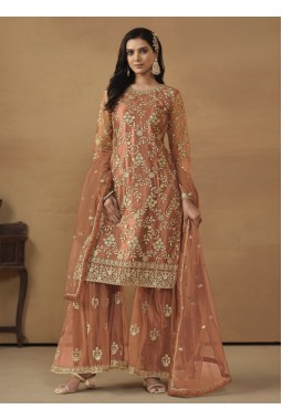 Orange Net Sequins Embroidered Designer Wedding Salwar Kameez
