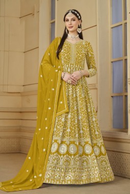 Mustard Faux Georgette Embroidered Designer Salwar Kameez