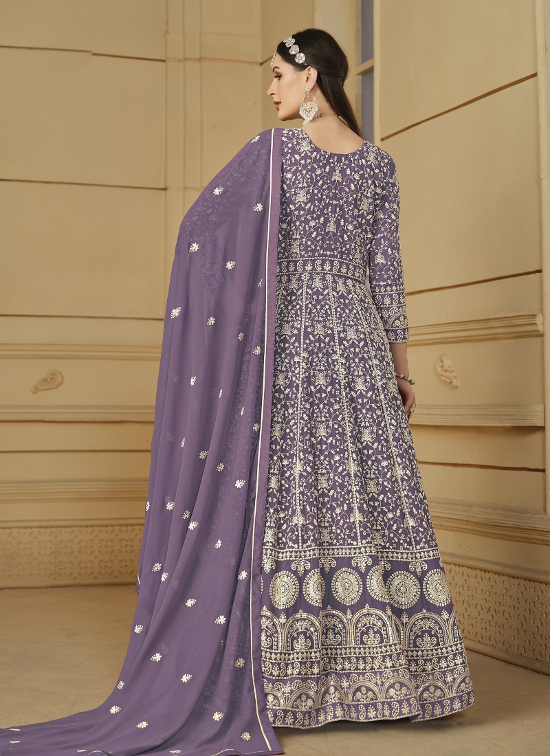 Lavender Faux Georgette Sequins Embroidered Designer Salwar Kameez