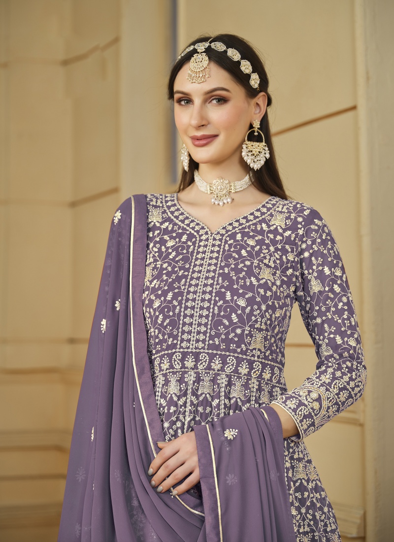 Lavender Faux Georgette Sequins Embroidered Designer Salwar Kameez