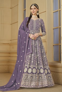 Lavender Faux Georgette Sequins Embroidered Designer Salwar Kameez