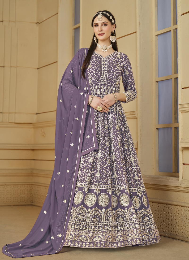 Lavender Faux Georgette Sequins Embroidered Designer Salwar Kameez