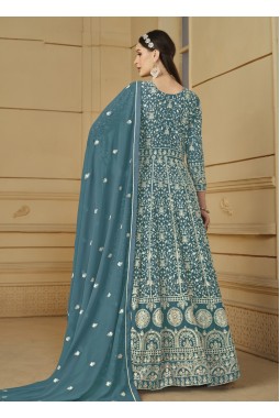 Blue Faux Georgette Embroidered Designer Salwar Kameez