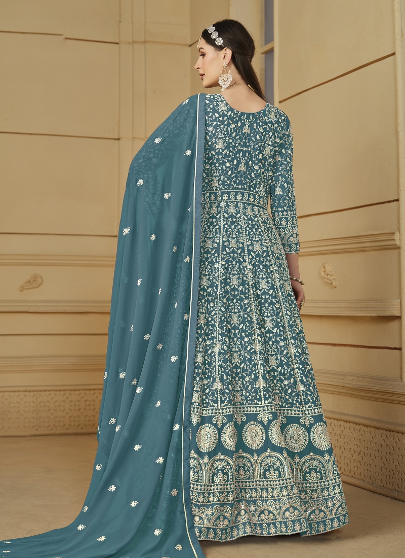 Blue Faux Georgette Embroidered Designer Salwar Kameez