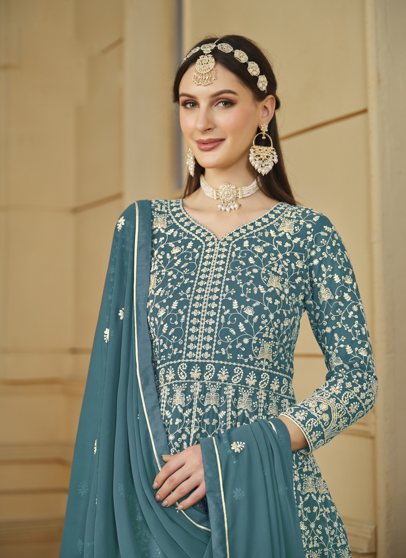 Blue Faux Georgette Embroidered Designer Salwar Kameez