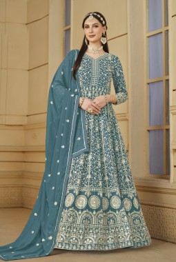 Blue Faux Georgette Embroidered Designer Salwar Kameez