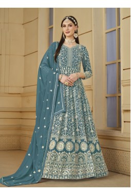 Blue Faux Georgette Embroidered Designer Salwar Kameez