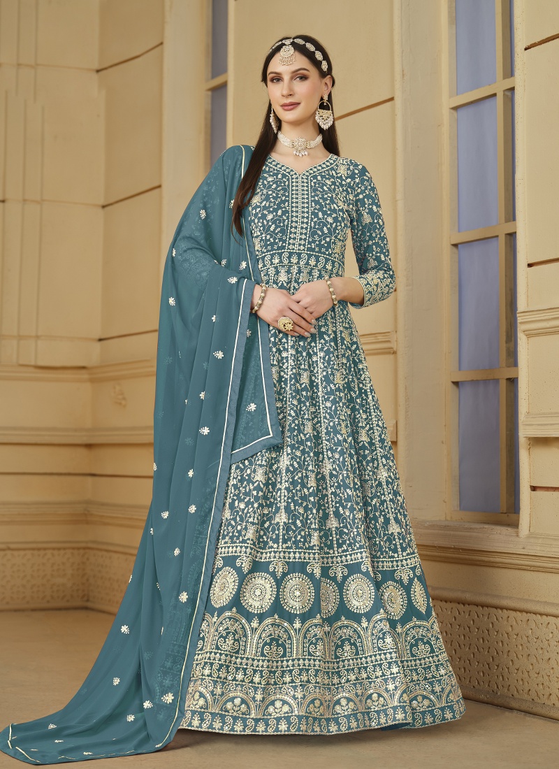 Blue Faux Georgette Embroidered Designer Salwar Kameez