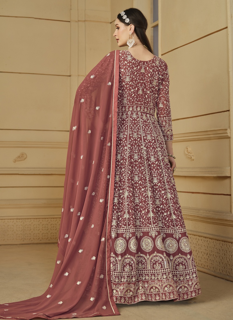 Brown Faux Georgette Sequins Embroidered Designer Salwar Kameez