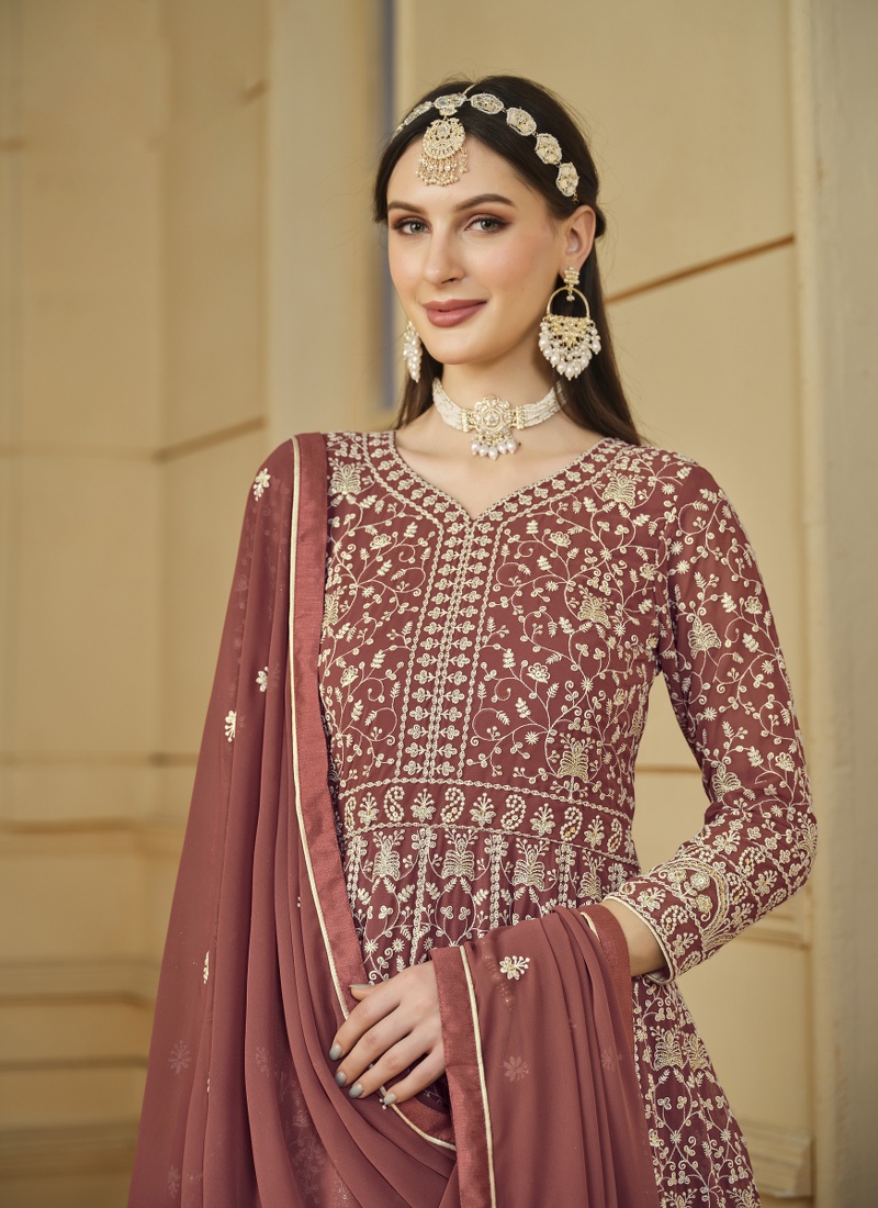 Brown Faux Georgette Sequins Embroidered Designer Salwar Kameez