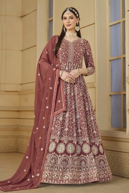 Brown Faux Georgette Sequins Embroidered Designer Salwar Kameez
