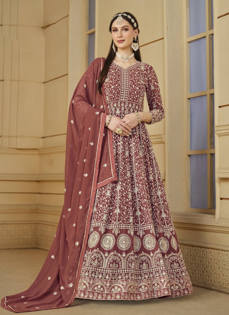 Brown Faux Georgette Sequins Embroidered Designer Salwar Kameez