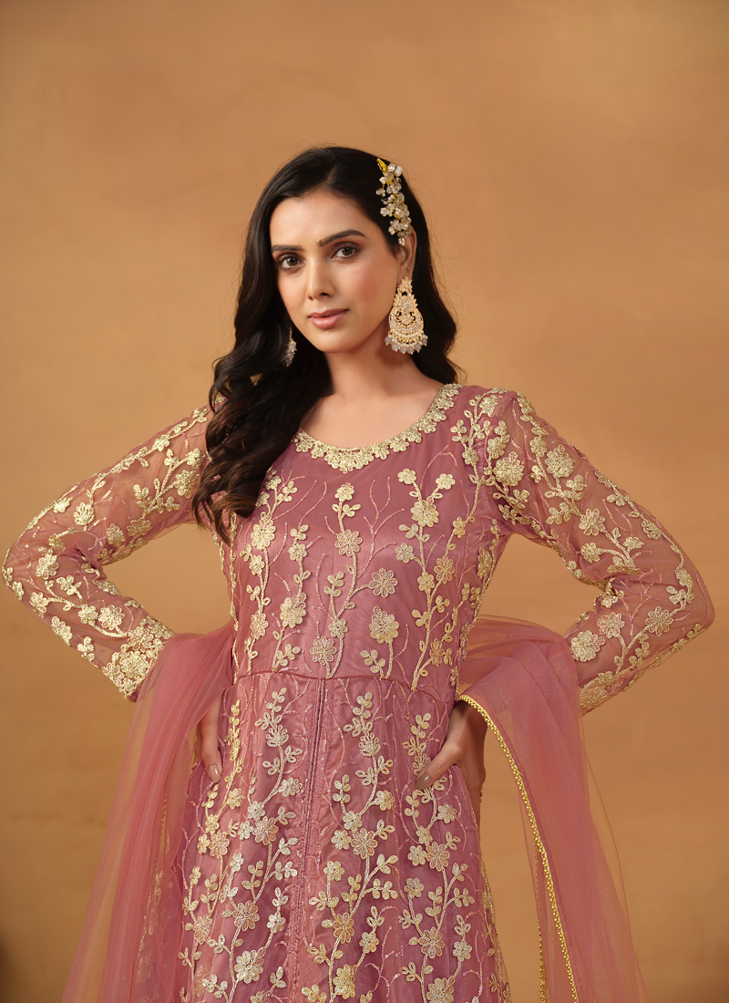 Pink Net Zari Embroidered Wedding Salwar Kameez