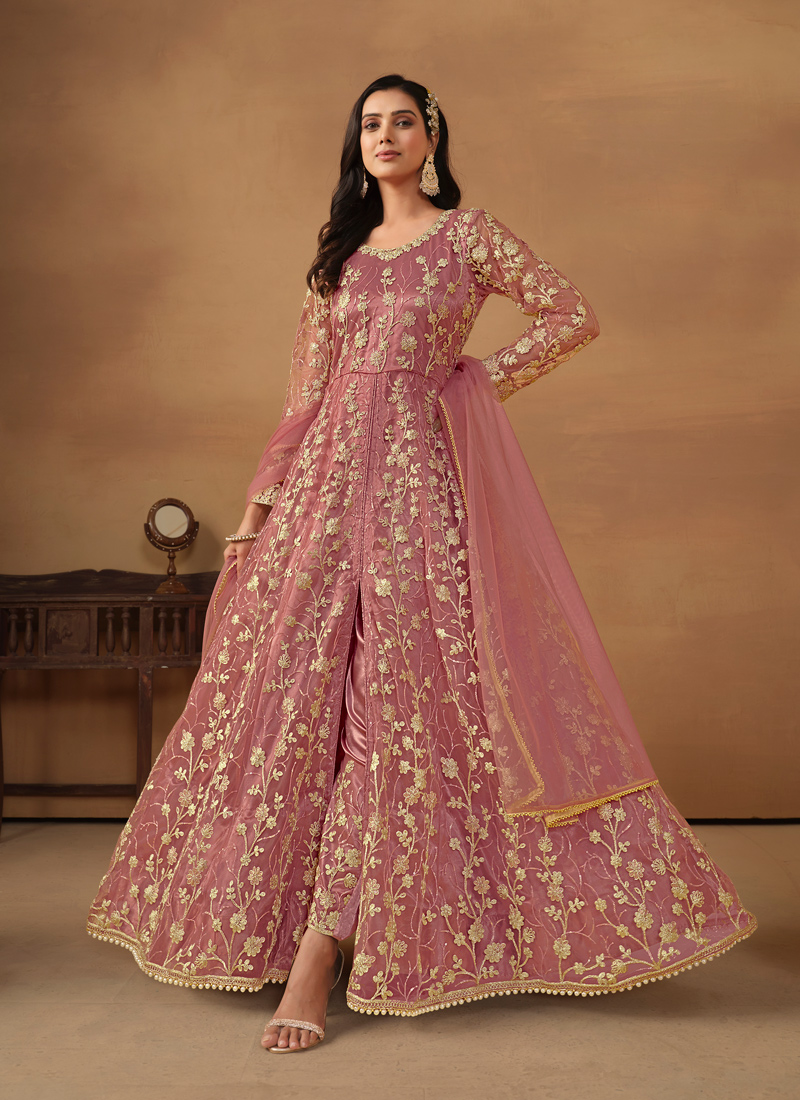 Pink Net Zari Embroidered Wedding Salwar Kameez