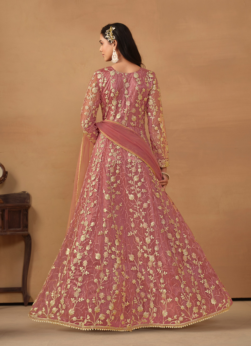 Pink Net Zari Embroidered Wedding Salwar Kameez