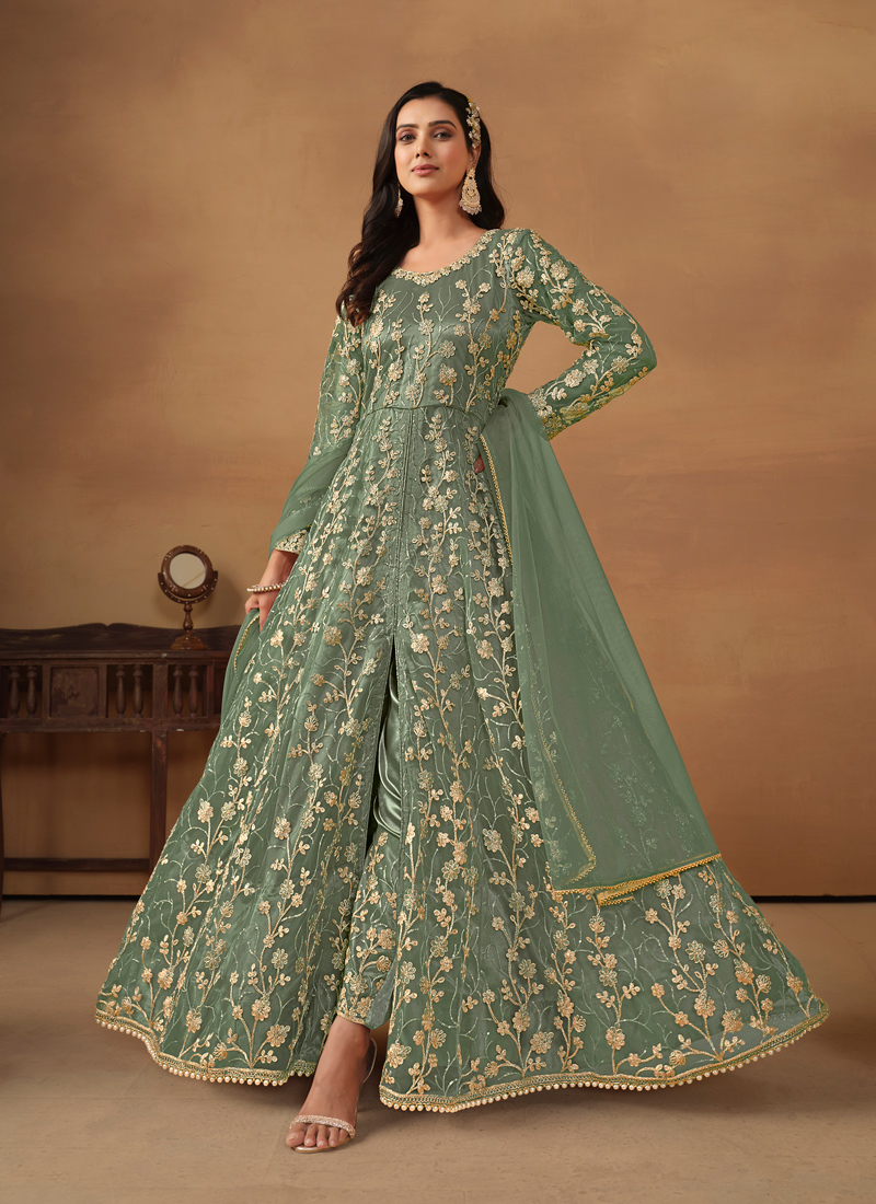 Sea Green Net Sequins Embroidered Wedding Salwar Kameez