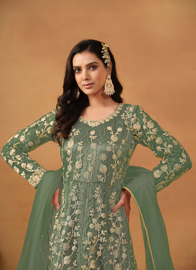 Sea Green Net Sequins Embroidered Wedding Salwar Kameez