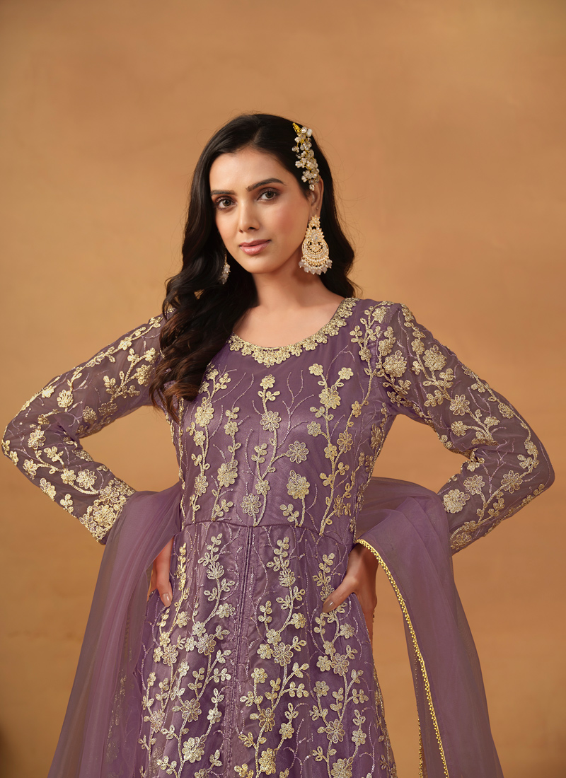 Lavender Net Zari Embroidered Wedding Salwar Kameez