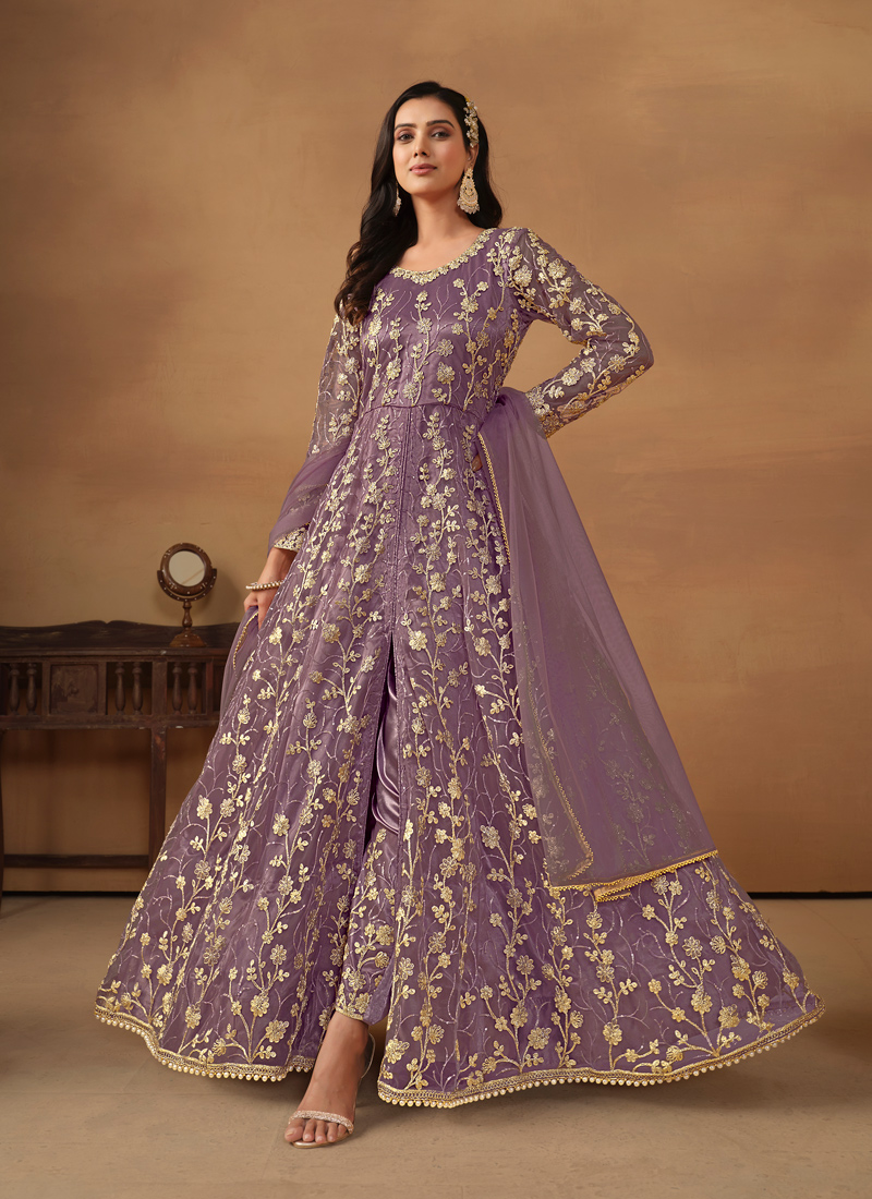 Lavender Net Zari Embroidered Wedding Salwar Kameez