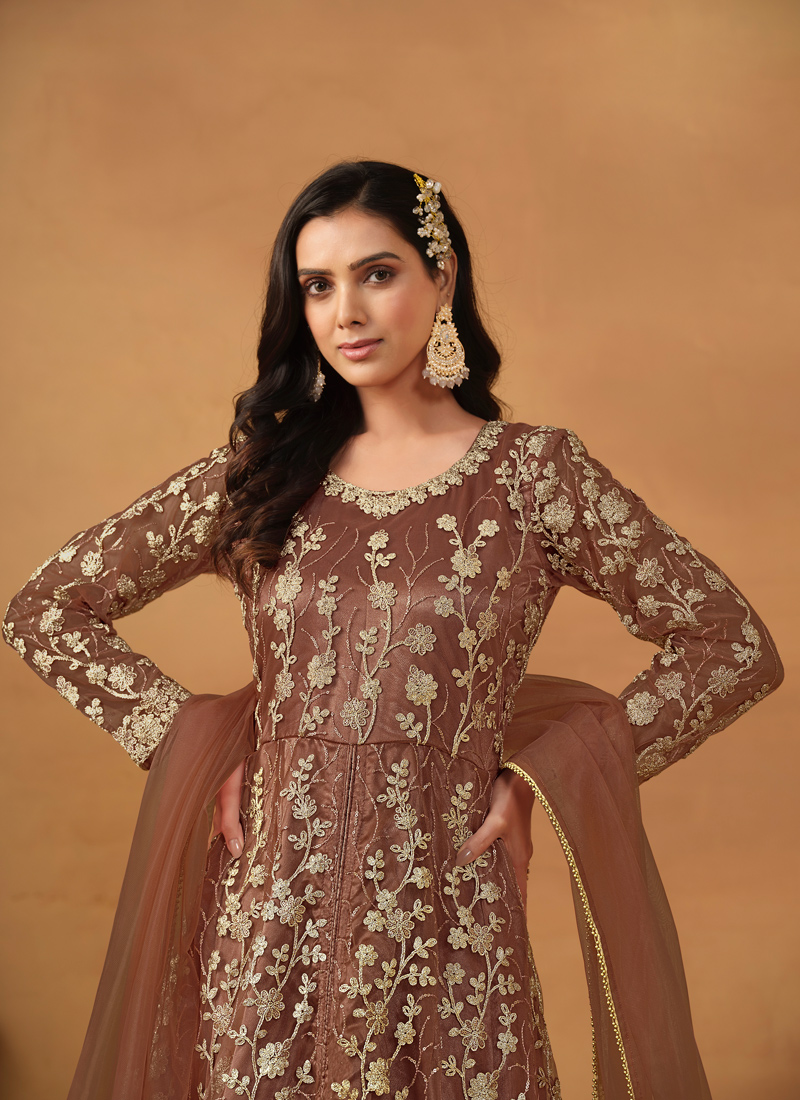 Brown Net Embroidered Wedding Salwar Kameez