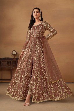 Brown Net Embroidered Wedding Salwar Kameez