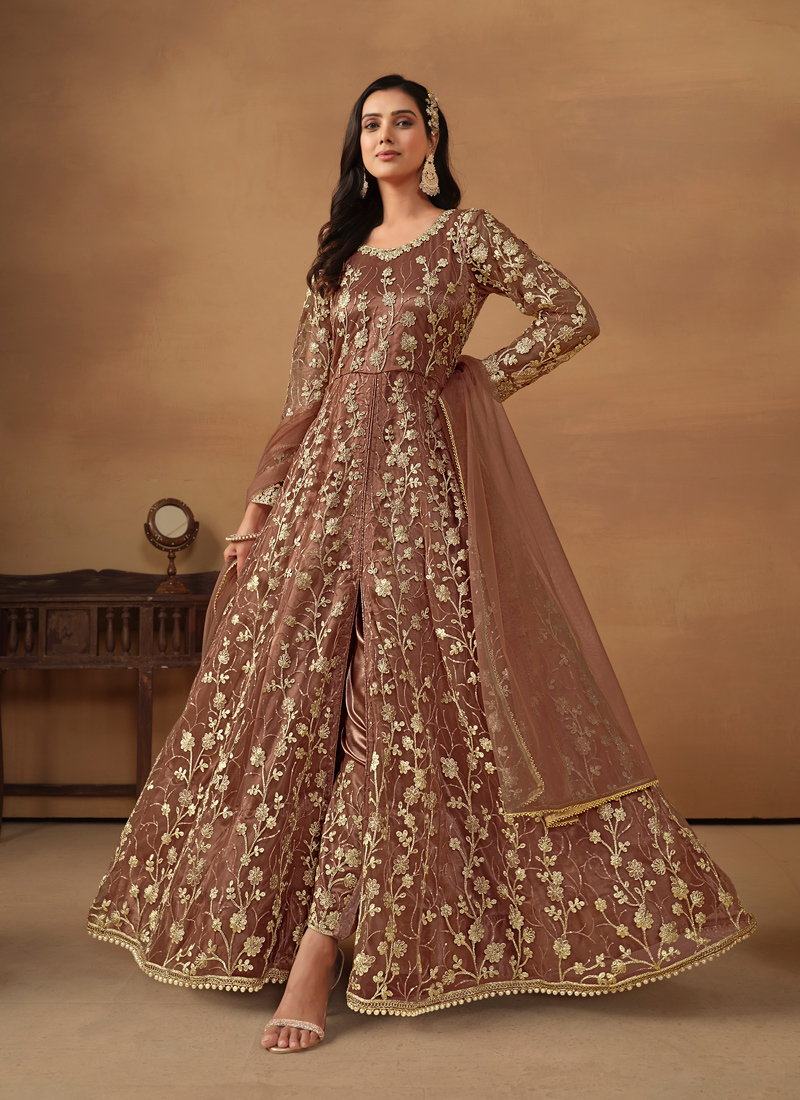 Brown Net Embroidered Wedding Salwar Kameez