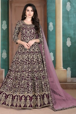 Burgundy Faux Georgette Stone Embroidered Salwar Kameez