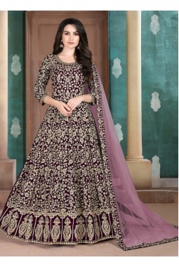 Burgundy Faux Georgette Stone Embroidered Salwar Kameez
